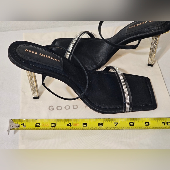 Good American Heels Black Satin Square Toe Slide Embellished New with dust bag - Picture 3 of 7